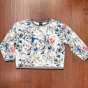 Beauty Forever Striped Collar Floral Top, Size Large, NWOT